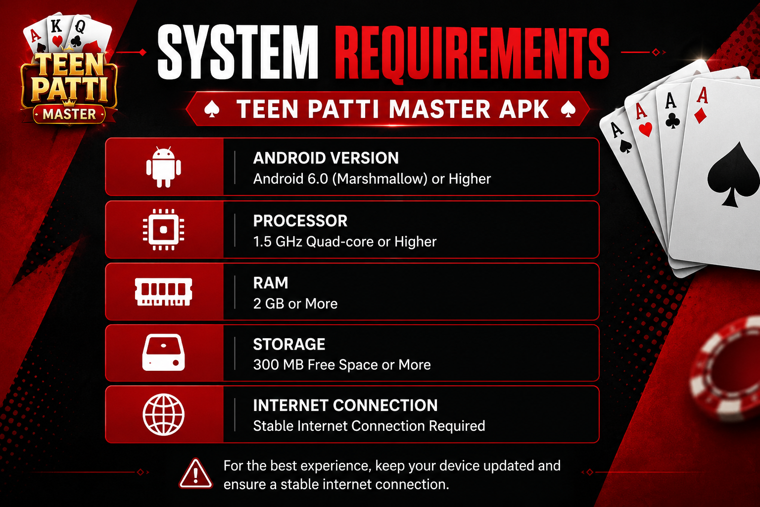 System Requirements for Teen Patti Master APK